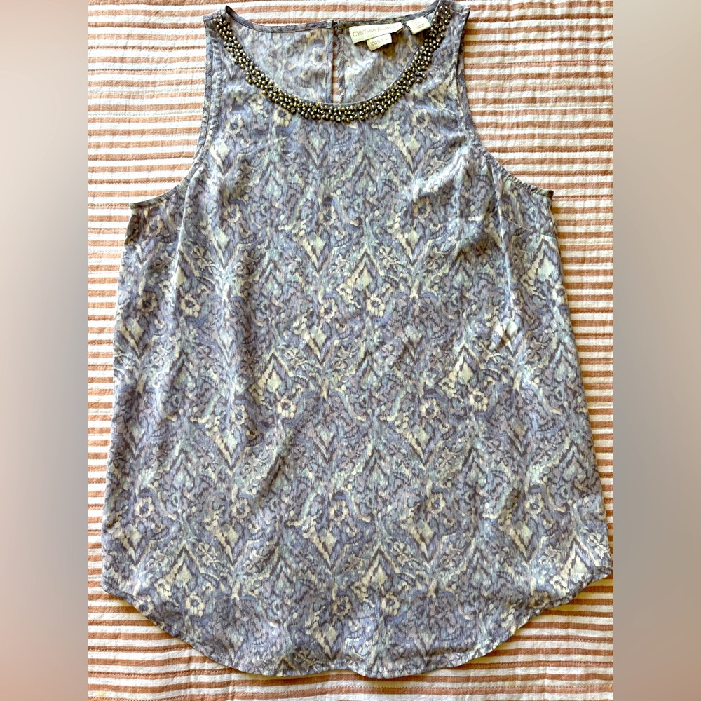 Cynthia Rowley 100% Silk Tank Top Embellished Neckline Fairy Boho Preppy Sz: S